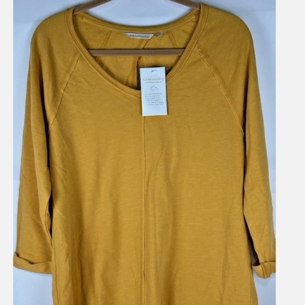 NWT Soft Surroundings Mustard Yellow Keyhole Back Tunic M Raw Edge 3/4 Sleeves